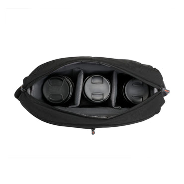 Black sling bag open top with padded lens compartments