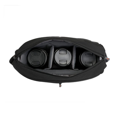 Black sling bag open top with padded lens compartments