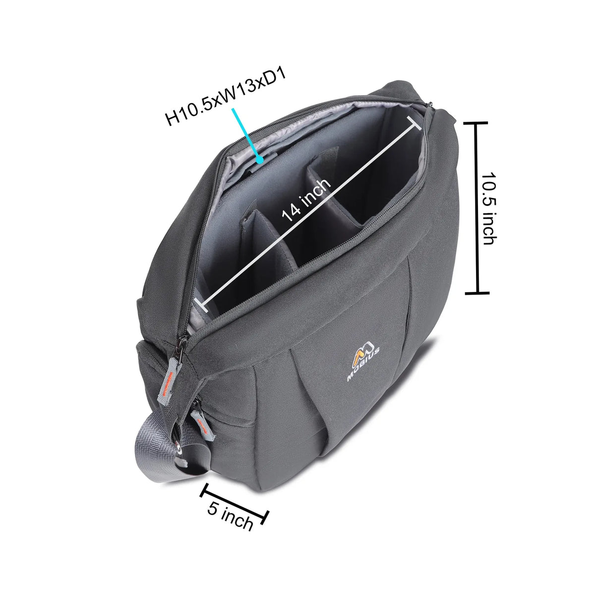 Gray sling bag with interior divider and padded tablet sleeve, front zipper