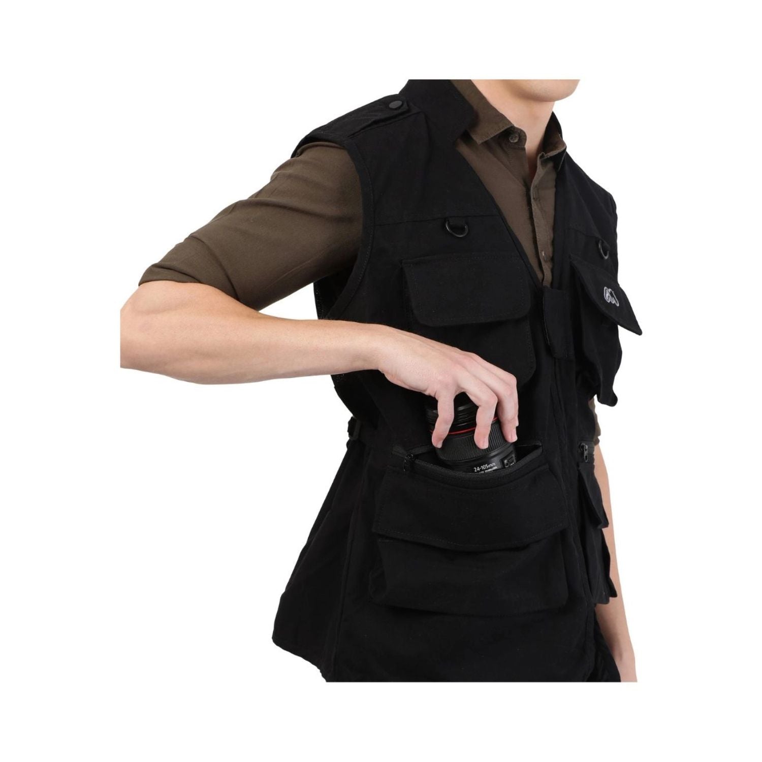 Black photographer’s jacket vest with flap pockets and utility compartments, arm extended