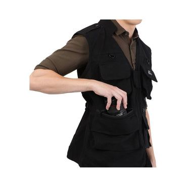 Black photographer’s jacket vest with flap pockets and utility compartments, arm extended
