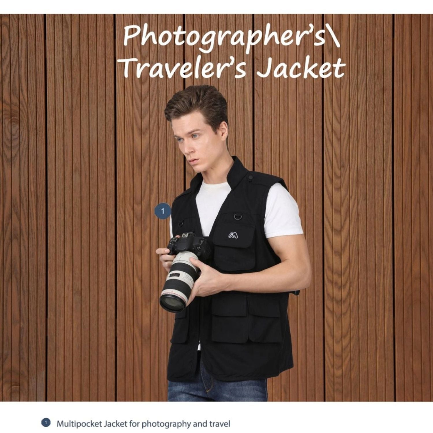 Black photographer’s jacket with multipocket front for camera and travel essentials