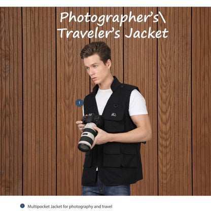 Black photographer’s jacket with multipocket front for camera and travel essentials