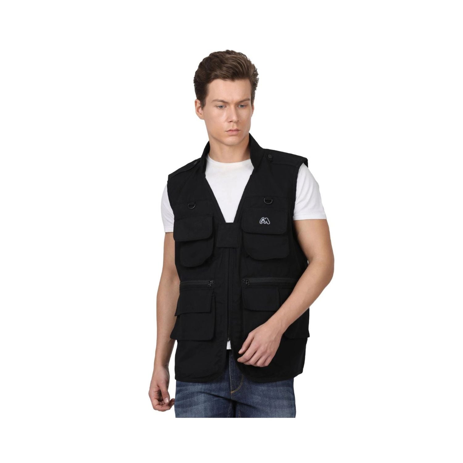 Mobius plain photographer's jacket black, utility front with cargo pockets and snap flaps