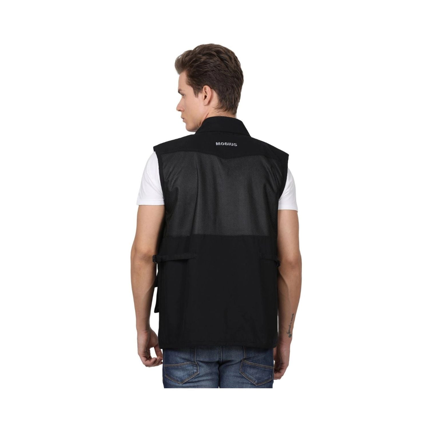 Back view of Mobius photographer's jacket in black with large overlay storage pocket