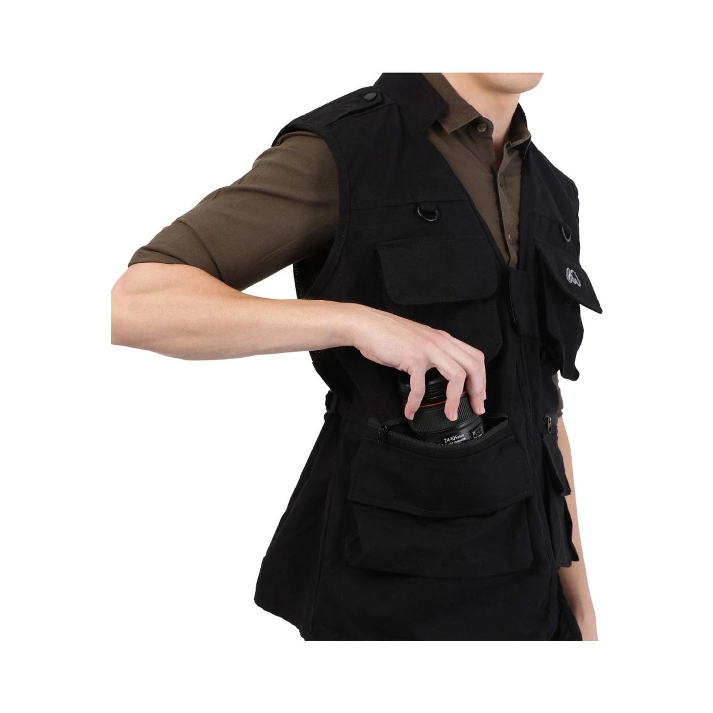 Black photographer's jacket side pocket with zipper and mesh-lined utility pouch