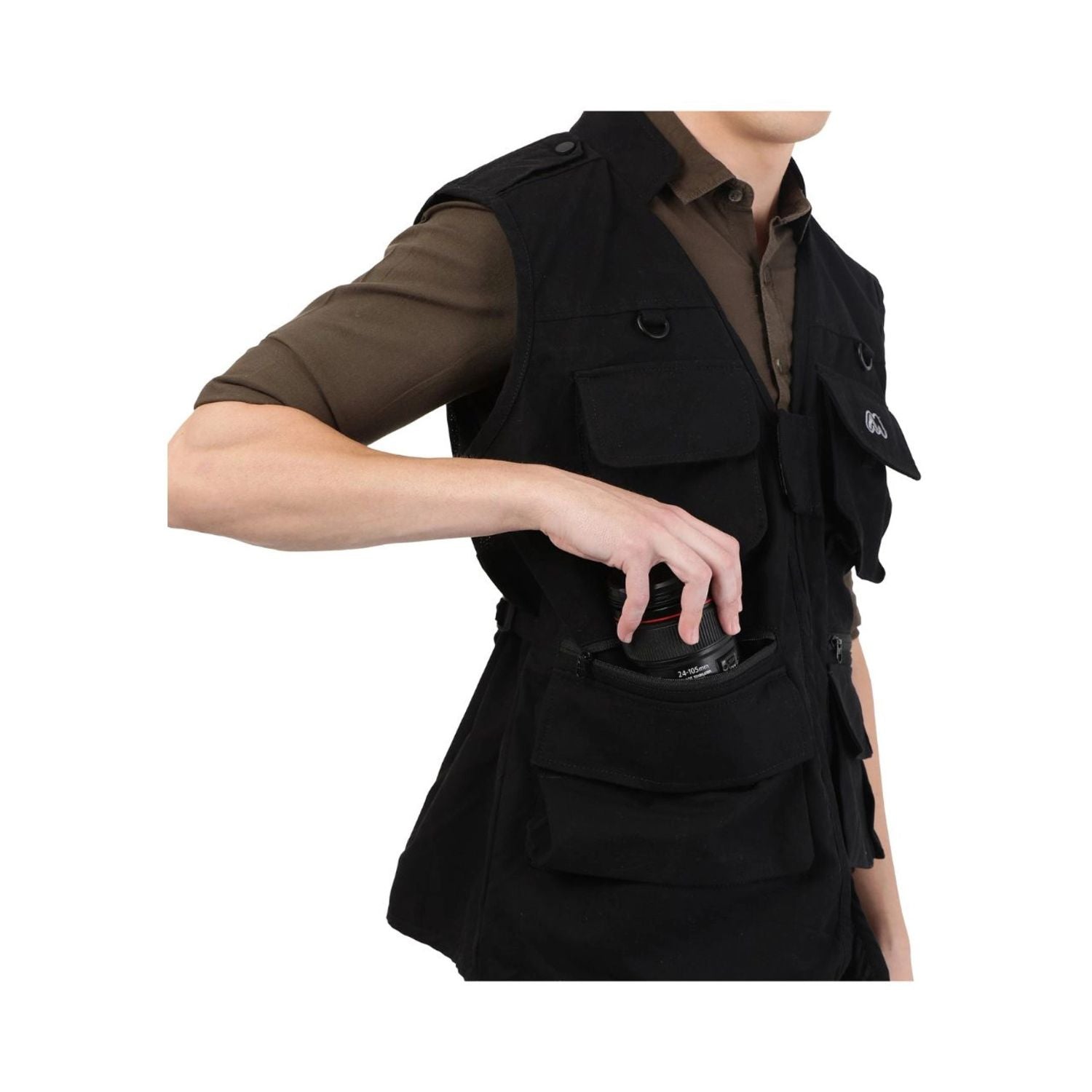 Black utility security vest jacket with front pockets and adjustable straps
