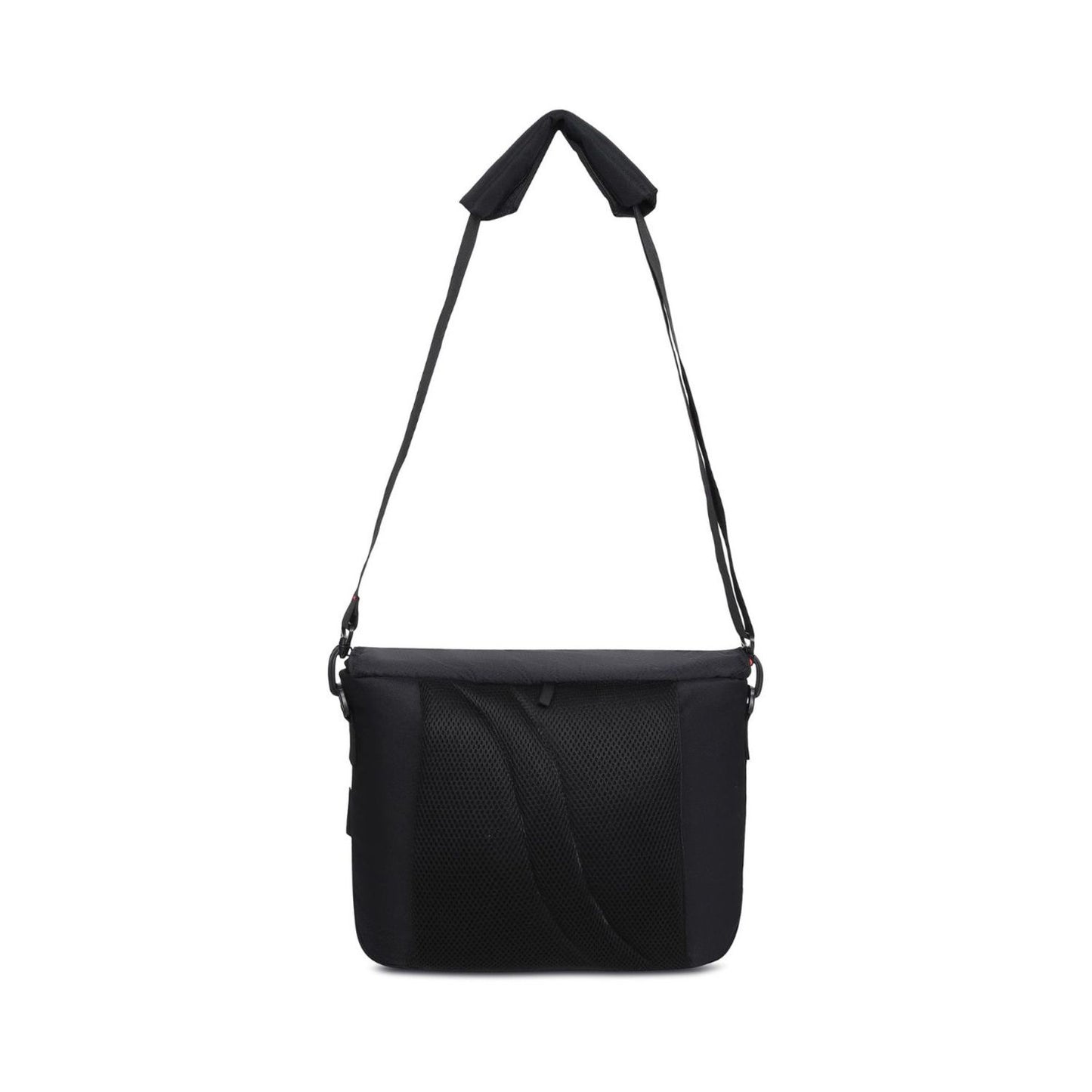 Black camera lens sling bag with adjustable shoulder strap and side handle loops