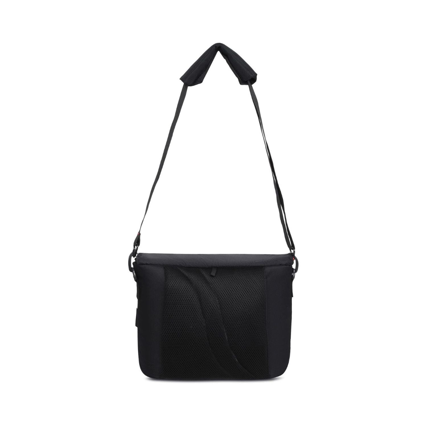 Black camera lens sling bag with adjustable shoulder strap and side handle loops
