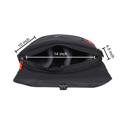 Black sling bag with compartments, 14 in width, 10 in length, 5 in height