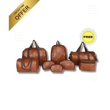 8-piece brown leather storage bag set with handles, shown together