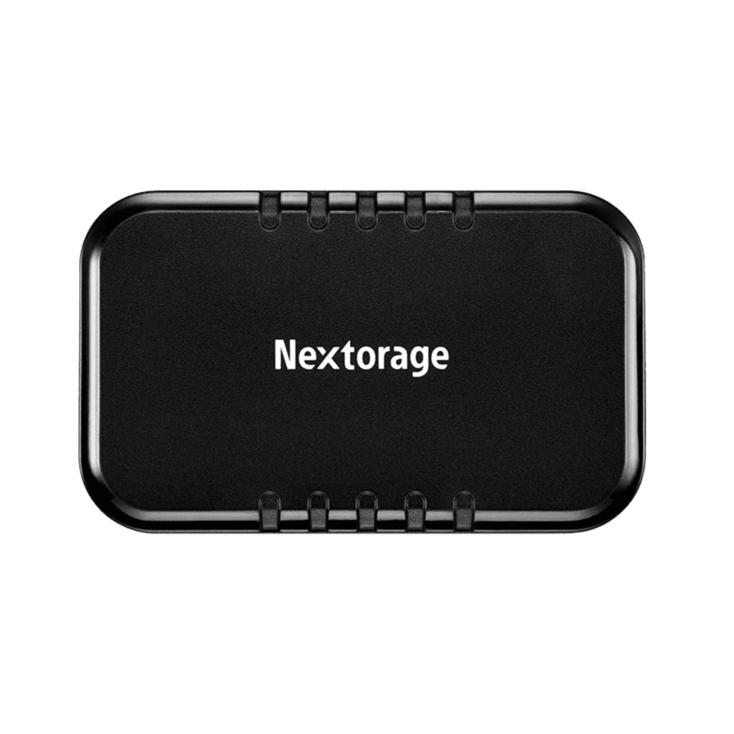 Nextorage NX-P2SE tragbare SSD im schwarzen Gehäuse, mit Logo und Clip-Leiste oben