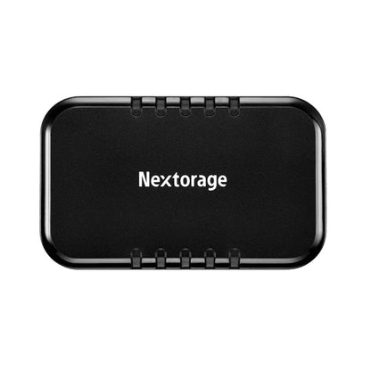 Nextorage NX-P2SE tragbare SSD im schwarzen Gehäuse, mit Logo und Clip-Leiste oben