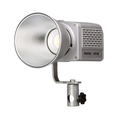 Portable LED video light with silver reflector head and side handle mount