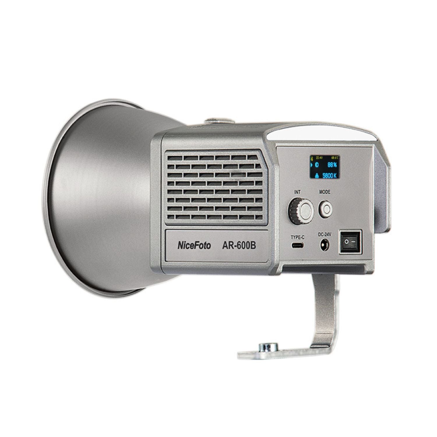 Portable LED video light with rear control panel and adjustable mounting bracket