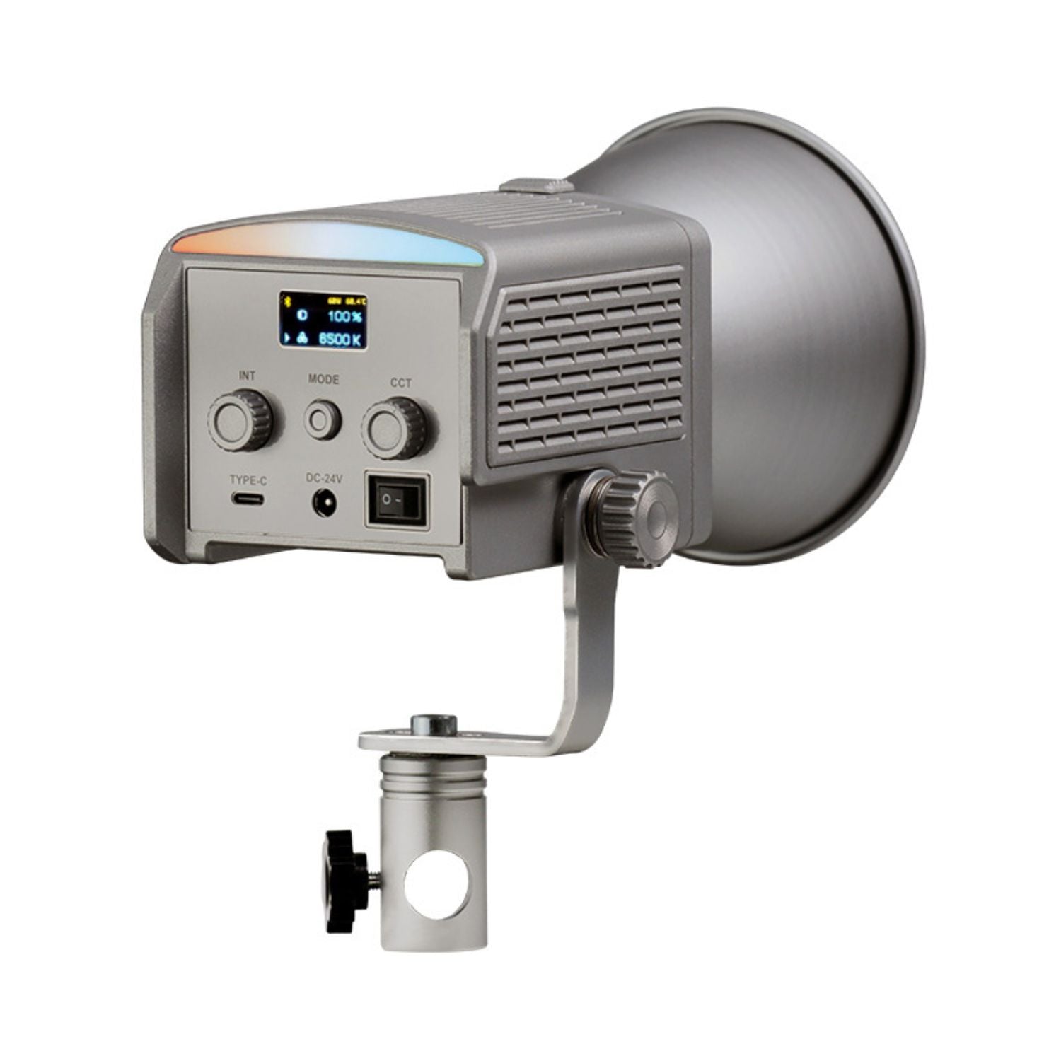 Portable LED video light with front reflector, rear dials, and stand mount