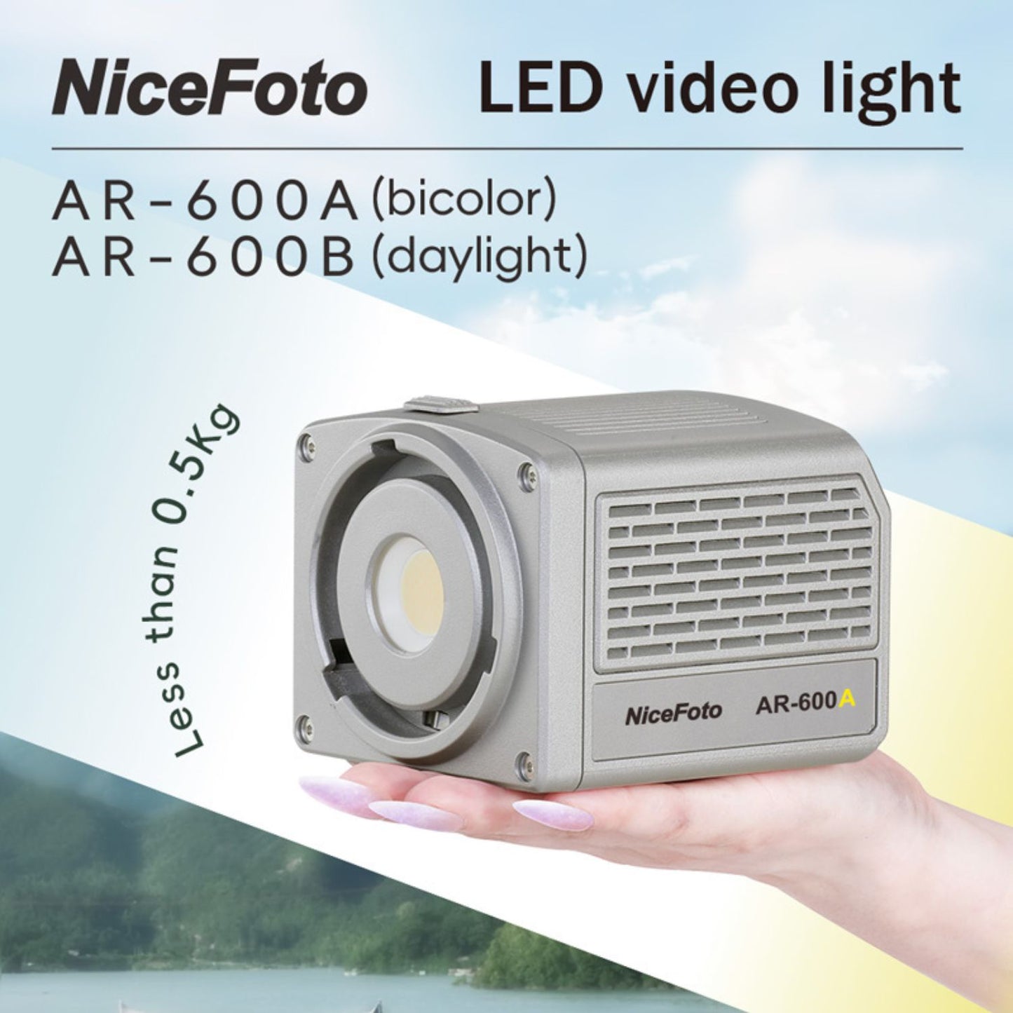 Mini portable LED video light held in hand with reflector head and vented body