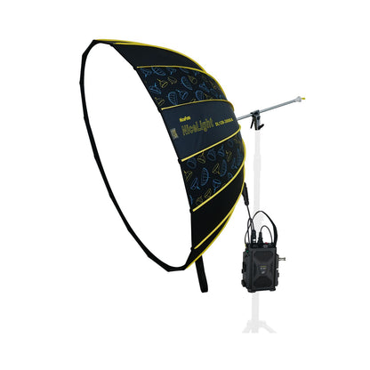 Umbrella light with dark blue/black fabric reflector and neon yellow trim, mounted on stand