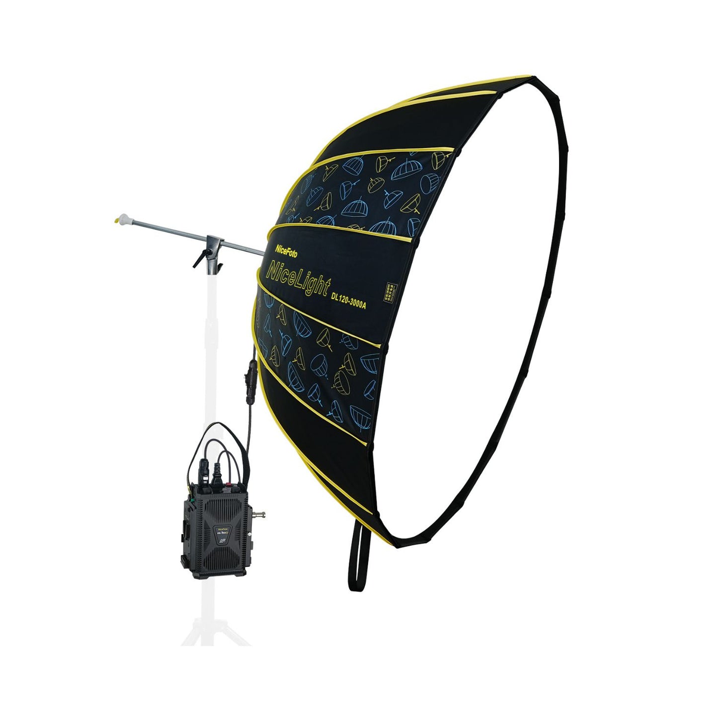 Umbrella light reflector with dark blue fabric pattern and neon yellow edge, on tripod stand