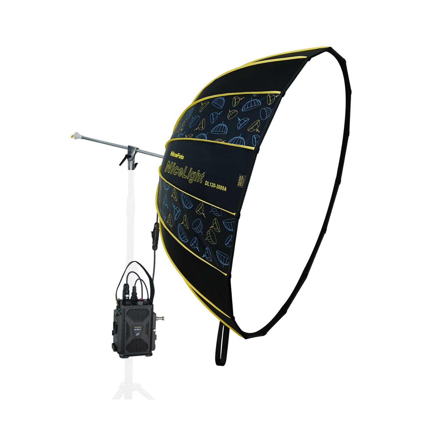 Umbrella light reflector with dark blue fabric pattern and neon yellow edge, on tripod stand