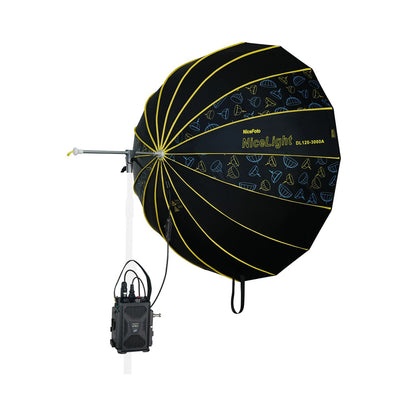 Umbrella light with dark blue patterned canopy, neon yellow ribs, and control box attached