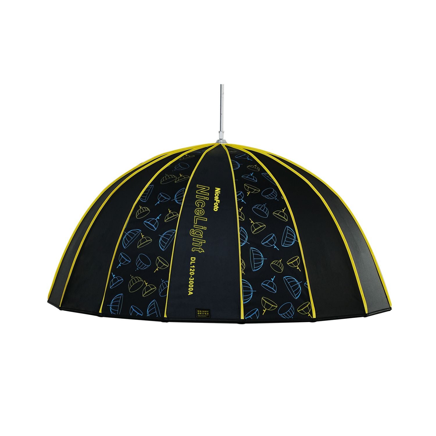 Umbrella light reflector with dome canopy in dark blue and neon yellow rib lines