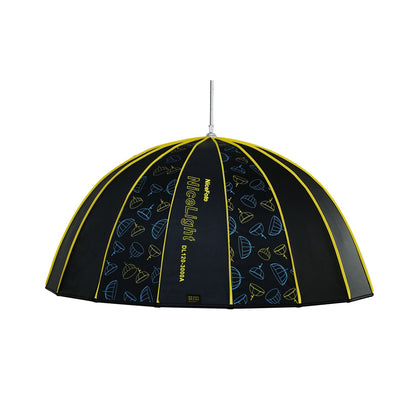 Umbrella light reflector with dome canopy in dark blue and neon yellow rib lines
