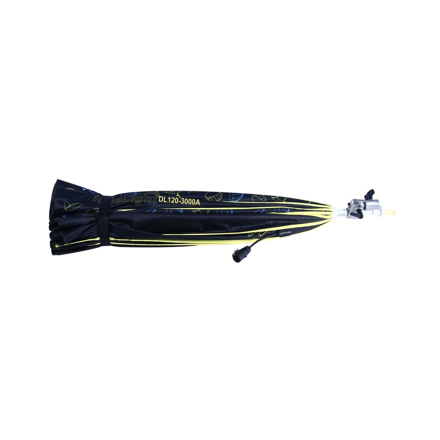Folded umbrella light reflector with dark blue fabric and neon yellow piping, with mounting arm