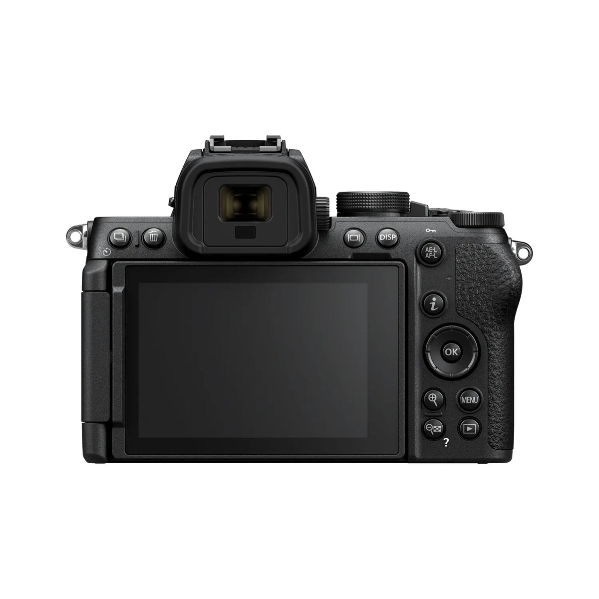 Black mirrorless camera back view with LCD screen and rear control buttons