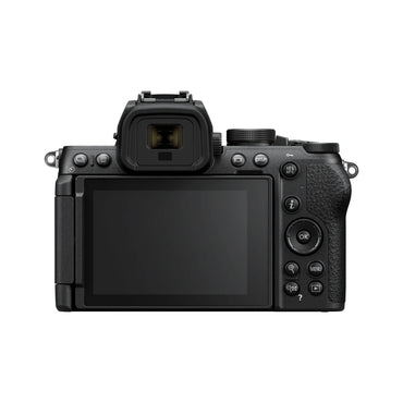 Black mirrorless camera back view with LCD screen and rear control buttons