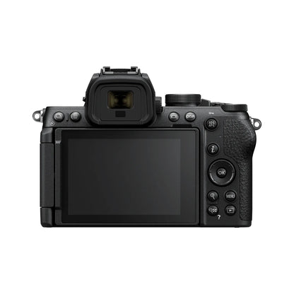 Black mirrorless camera back view with LCD screen and rear control buttons
