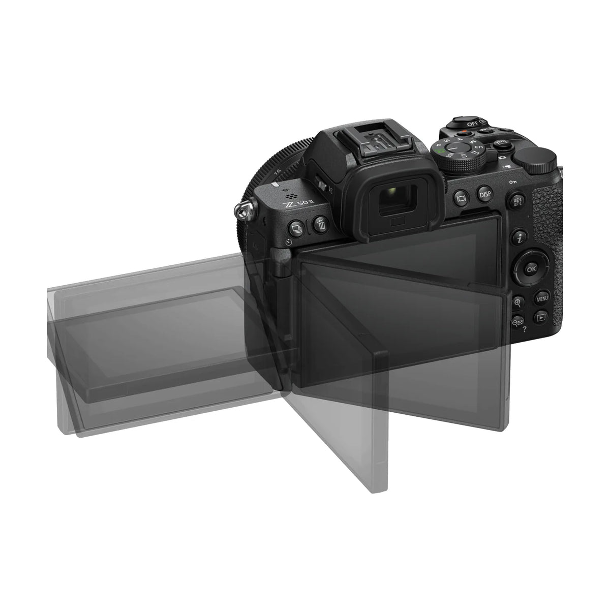 Black mirrorless camera with LCD screen and viewfinder, angled side view