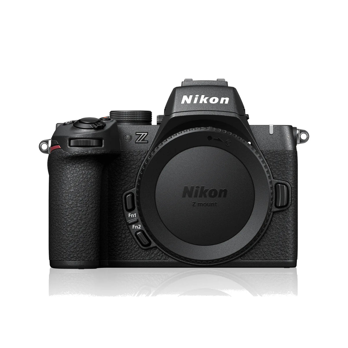 Black mirrorless camera front view with Nikon logo and lens mount cover