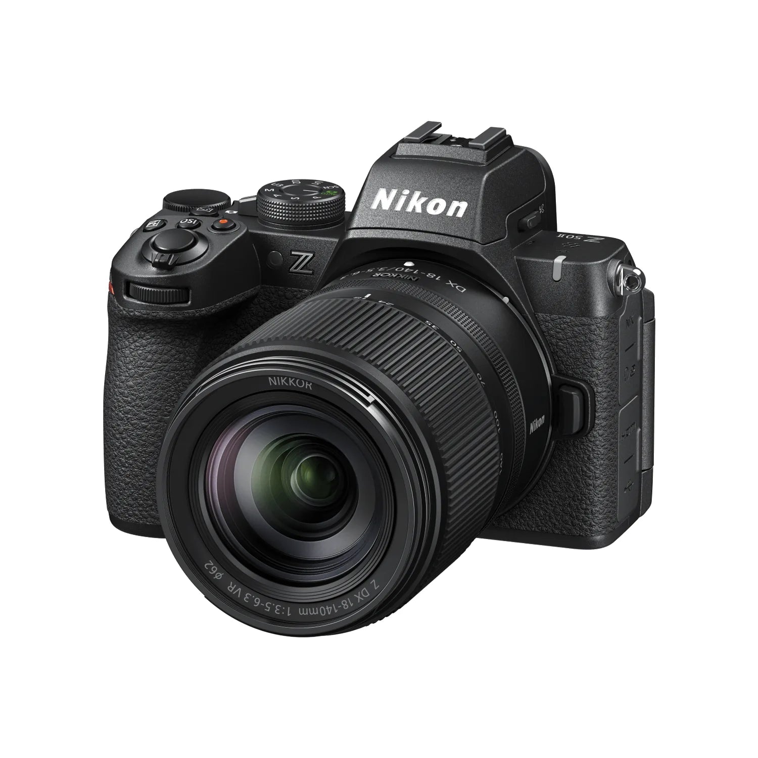 Black mirrorless camera with attached lens, three-quarter front view
