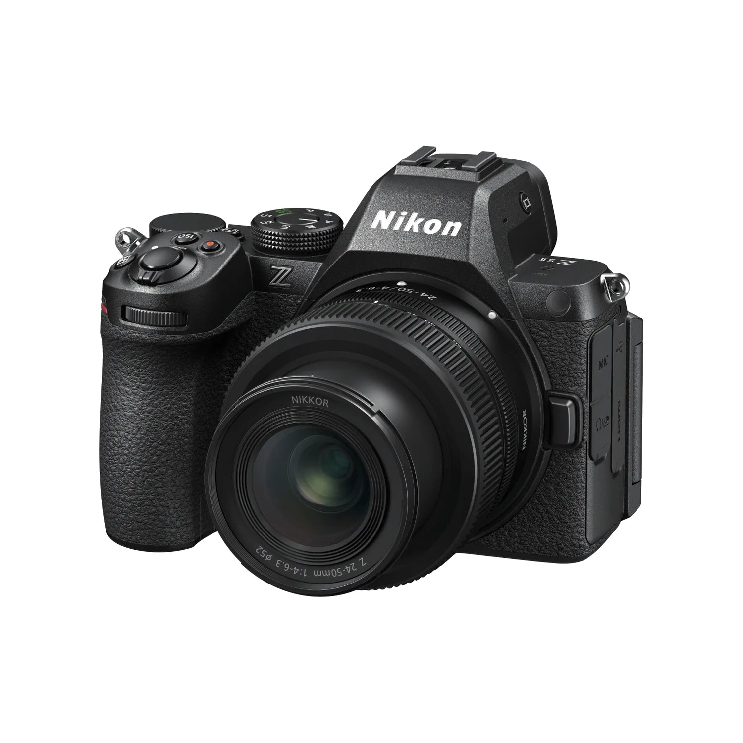 Black mirrorless camera with front zoom lens, three-quarter angle