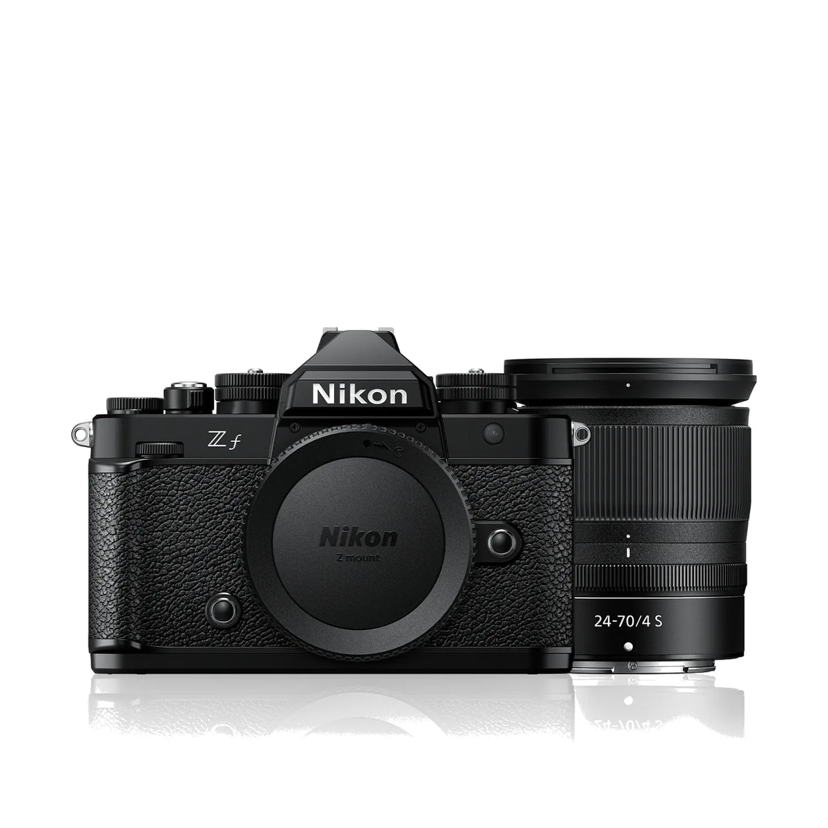 Black Nikon Zf mirrorless camera with attached 24-70mm f/4 S lens, front view