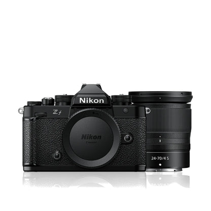 Black Nikon Zf mirrorless camera with attached 24-70mm f/4 S lens, front view
