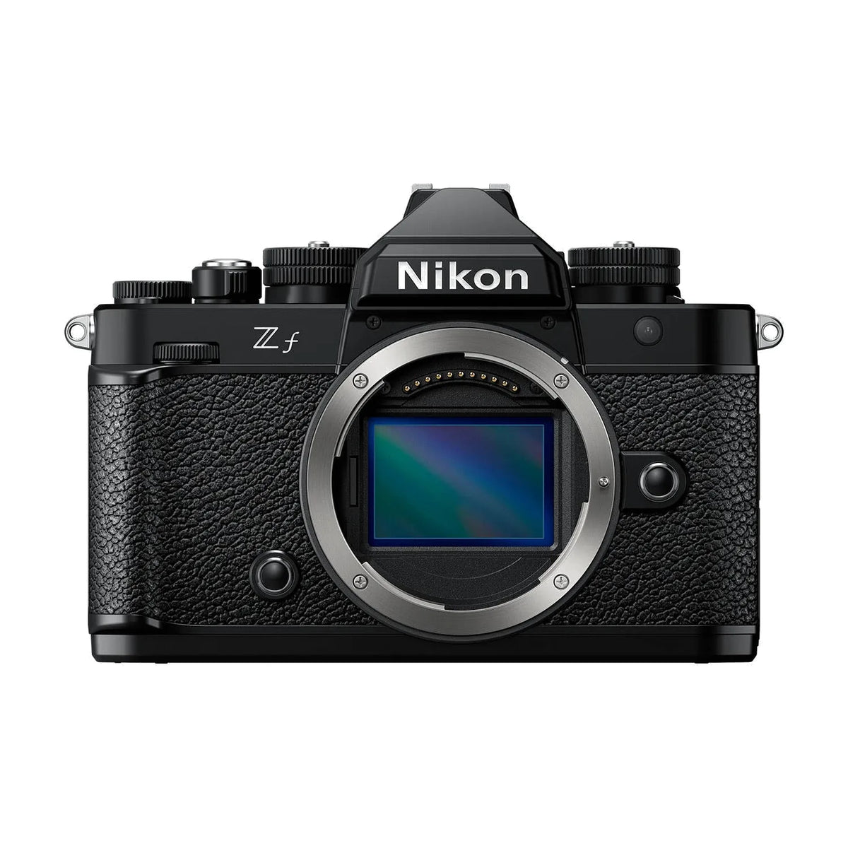Black Nikon Zf mirrorless camera with lens, front view showing LCD screen