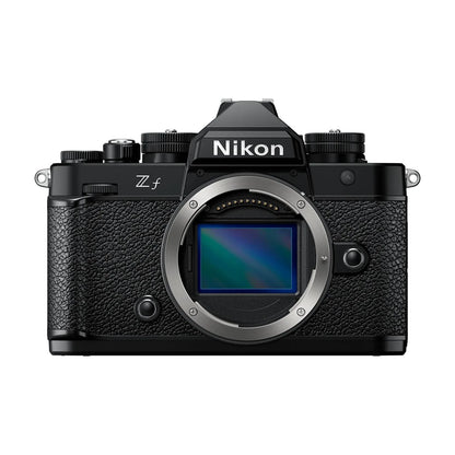 Black Nikon Zf mirrorless camera with lens, front view showing LCD screen