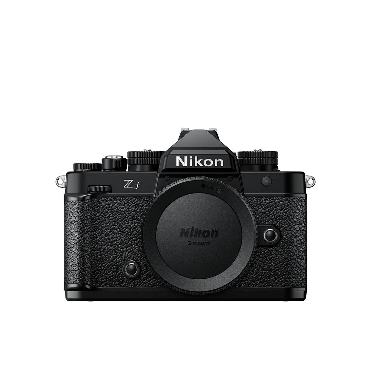 Black Nikon Zf mirrorless camera with lens, top-front view
