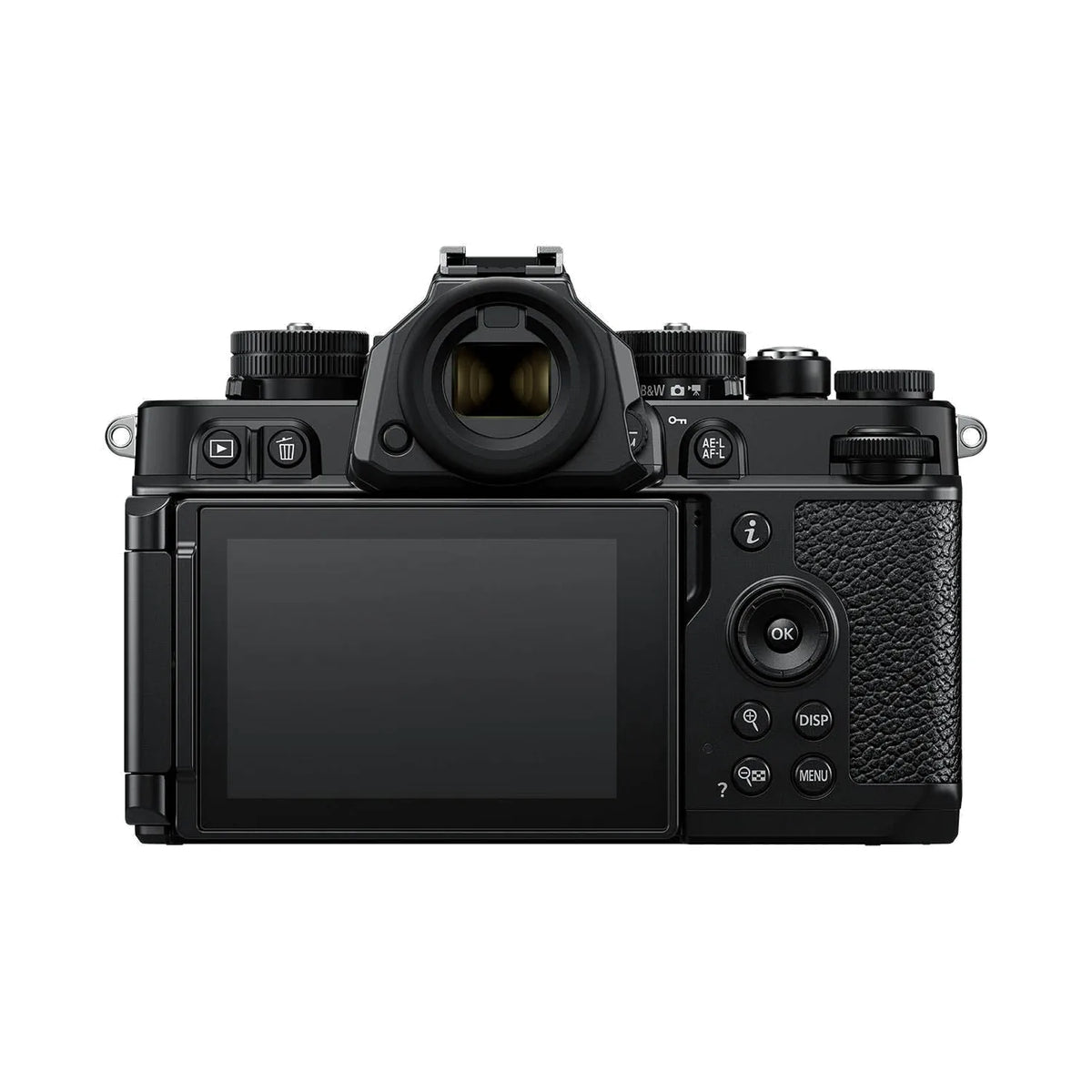 Black Nikon Zf mirrorless camera, rear view with LCD display and buttons