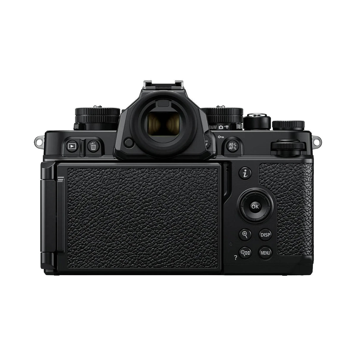 Black Nikon Zf mirrorless camera, rear view with textured grip and controls