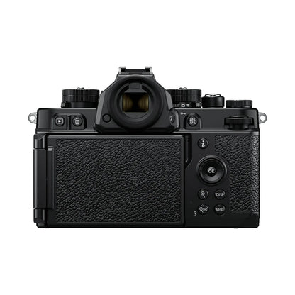 Black Nikon Zf mirrorless camera, rear view with textured grip and controls