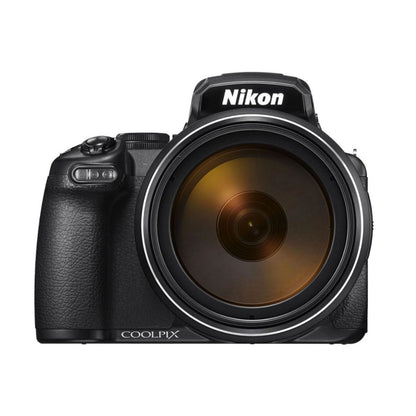 Black Nikon COOLPIX P1000 digital camera with large zoom lens and textured grip