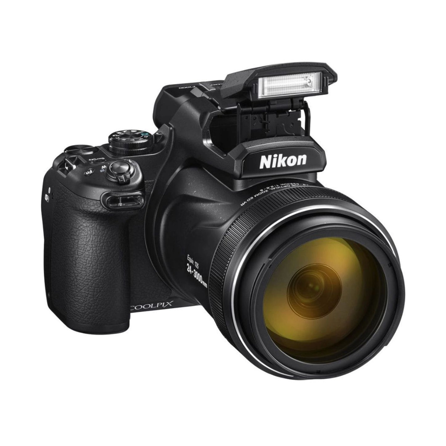 Black COOLPIX P1000 camera with raised flash and side control buttons