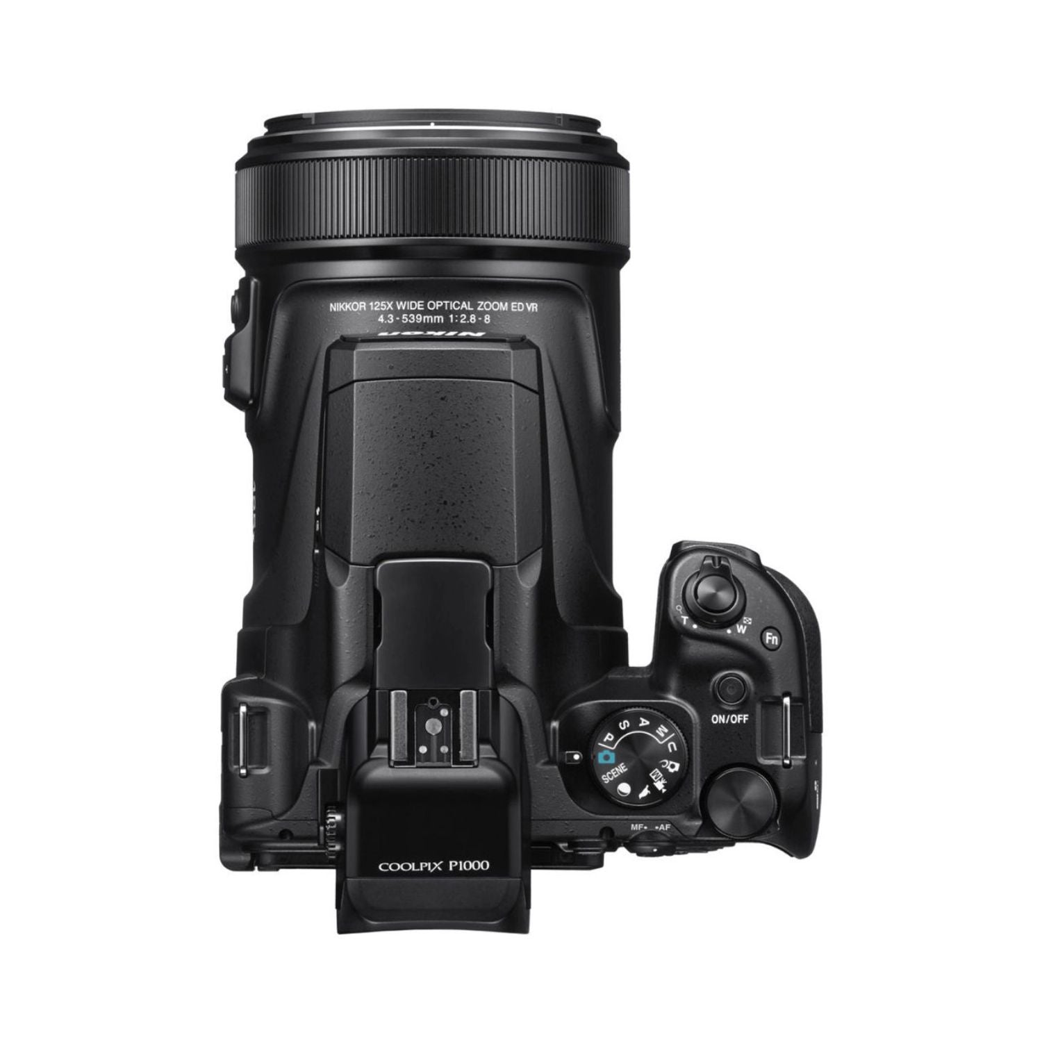 Back view of black COOLPIX P1000 camera with lens extended and rear controls