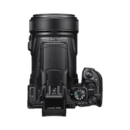 Back view of black COOLPIX P1000 camera with lens extended and rear controls