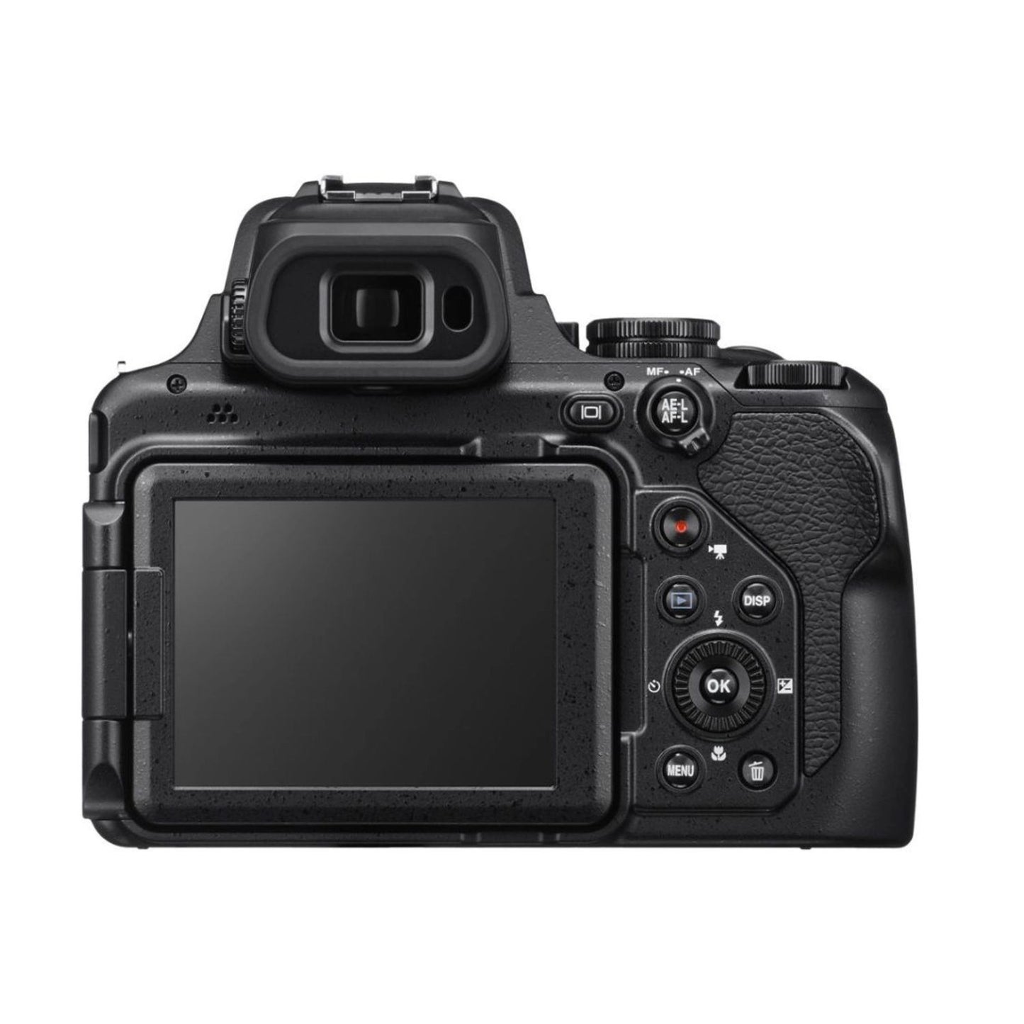 Black COOLPIX P1000 camera rear with LCD screen, buttons, and textured handgrip