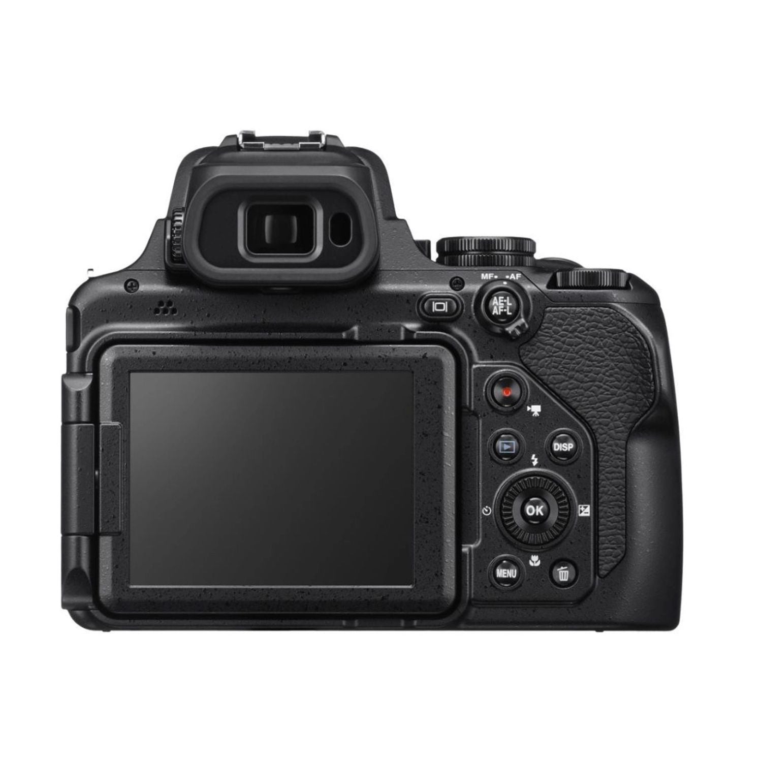 Black COOLPIX P1000 camera rear with LCD screen, buttons, and textured handgrip