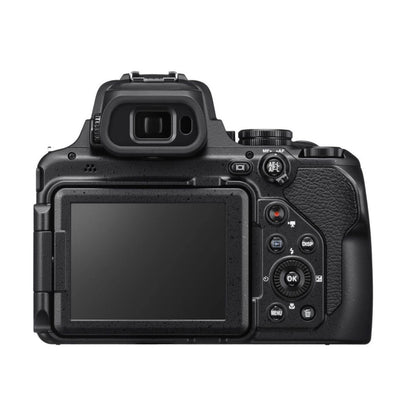 Black COOLPIX P1000 camera rear with LCD screen, buttons, and textured handgrip